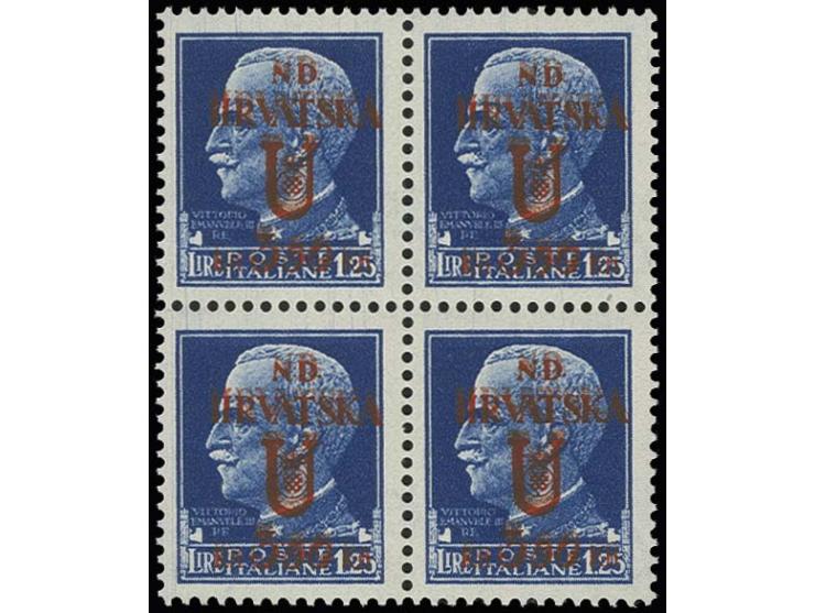 3.50 k. on 1.25 l. blue, block of four with double overprint, mint never hinged, fine, certificate Sorani (Sassone.-Nr. 14a)