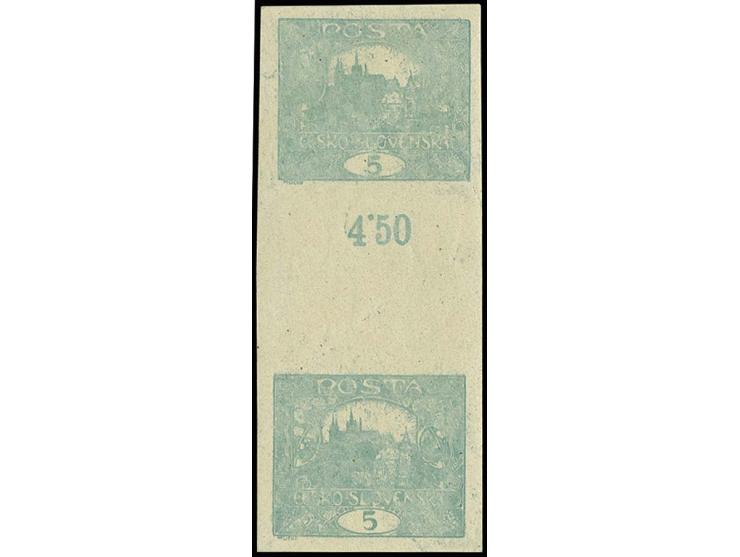 1919/20, Hradschin without foliage 5 h., imperforated vertical gutter pair with print on gum side, unused, fine and very rare