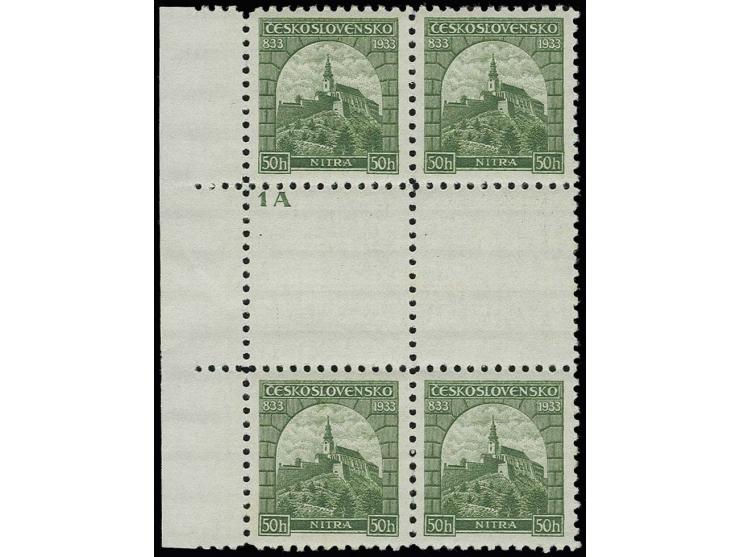 1933, Neutra 50 h. green, block of four with 2 vertical gutter pairs from the left sheet margin, once with plate number, neve