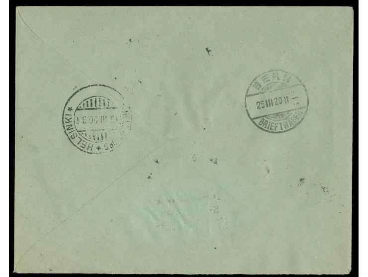 1920, Airmail double decker 5 m. with additional franking, tied by cds. "TALLIN 12.3.20" to registered ice flight cover via H