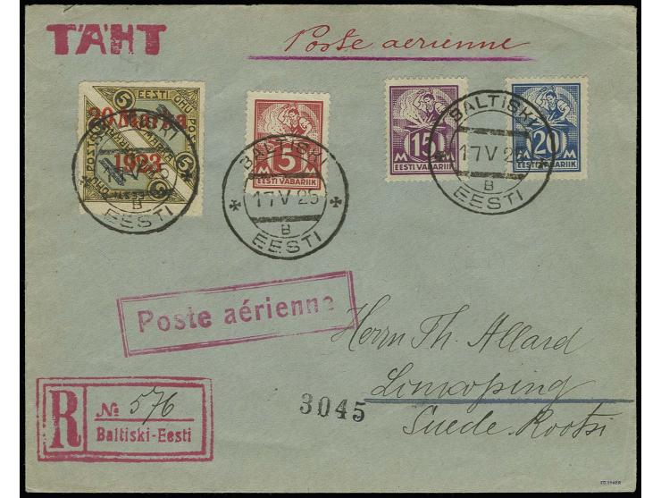 20 m. with postmaster perforation "Paldiski" with additional franking, tied by cds. "BALTISKI 17.V.25" to registered cover to