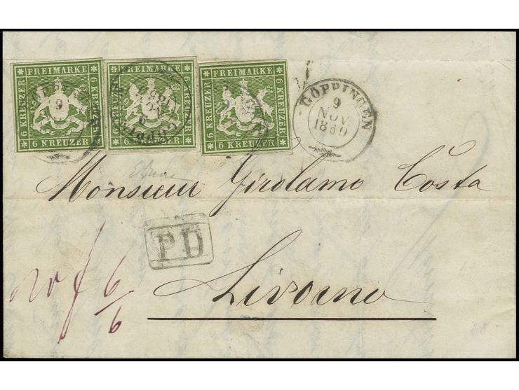 ITALIEN-SARDINIEN: 1859, 6 Kreuzer grün, 3 Einzelwerte, die rechte Marke links leicht berührt, sonst voll- bis breitrandig un