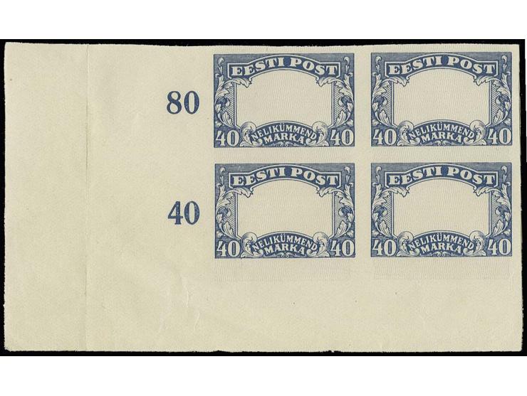 1927, Vanemuine theater 40 m., block of four from the lower right sheet corner, with proof print of the frame and network, mi