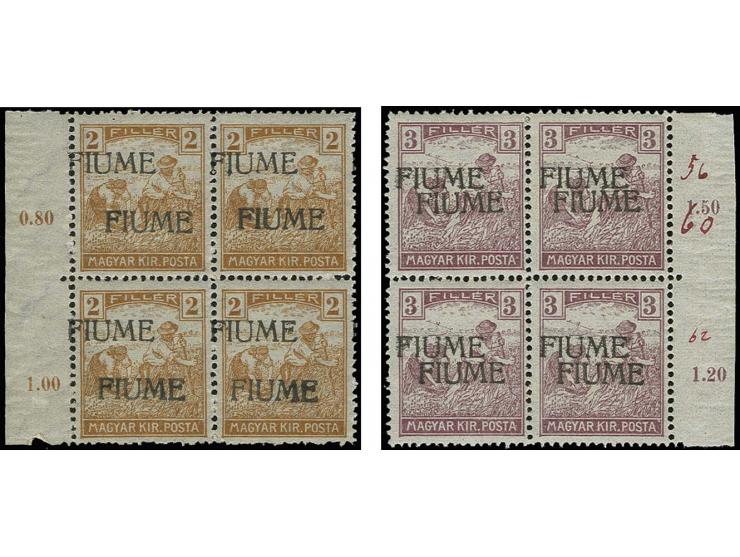 Reaper 2 and 3 f. each as block of four with machine and handstamp overprint (type II), with left resp. righ sheet margin, mi