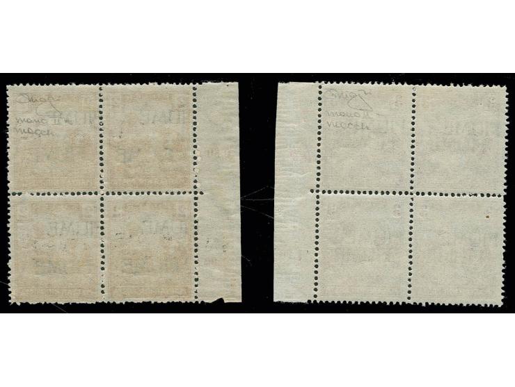 Reaper 2 and 3 f. each as block of four with machine and handstamp overprint (type II), with left resp. righ sheet margin, mi