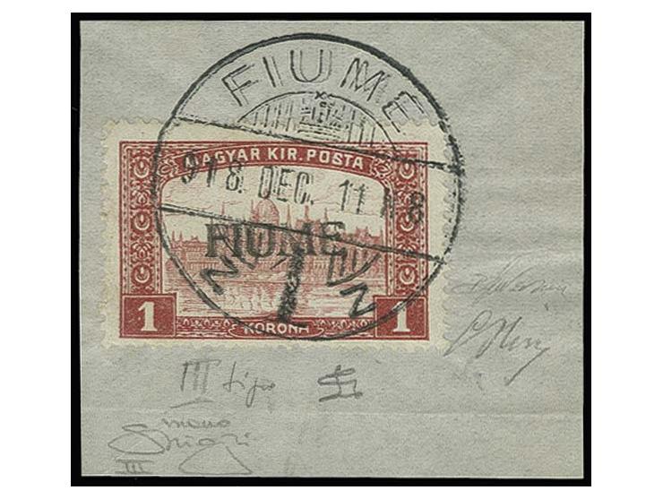 Parliament 1 k. with double handstamp (type III), tied by cds. "FIUME" to small piece, fine, signed Raybaudi with certificate