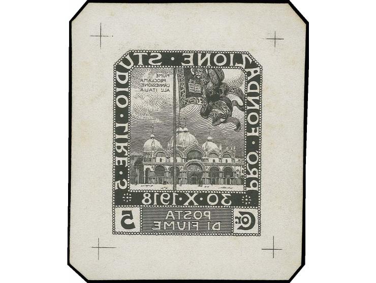 5 cor. as mirror inverted proof in black on thick carton paper in large format (79x93mm), very fine and attractive, signed Ra