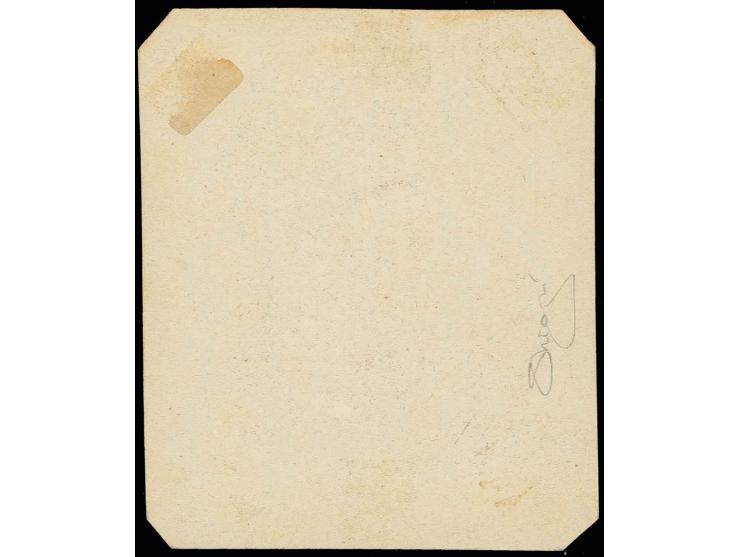 5 cor. as mirror inverted proof in black on thick carton paper in large format (79x93mm), very fine and attractive, signed Ra