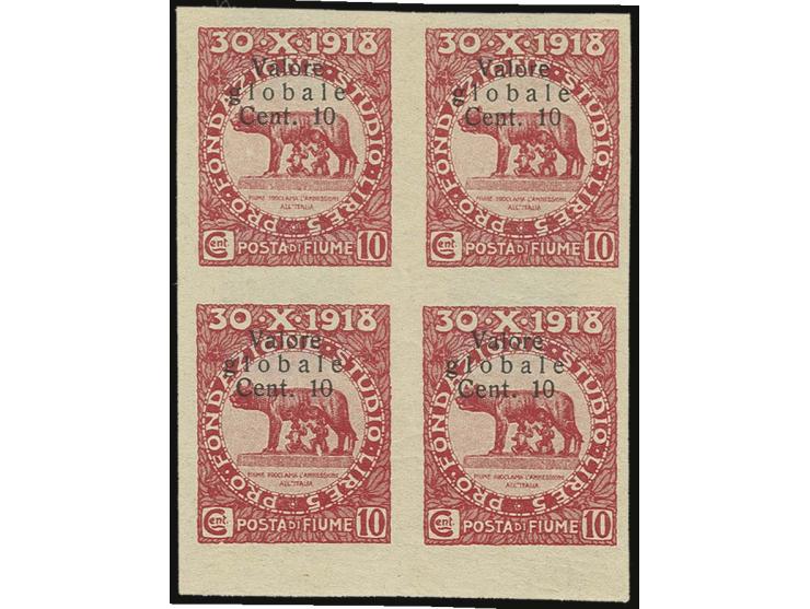 10 c. on 10 c. red, imperforated block of four, mint never hinged, fine, signed Diena (Sassone Nr. 89k)