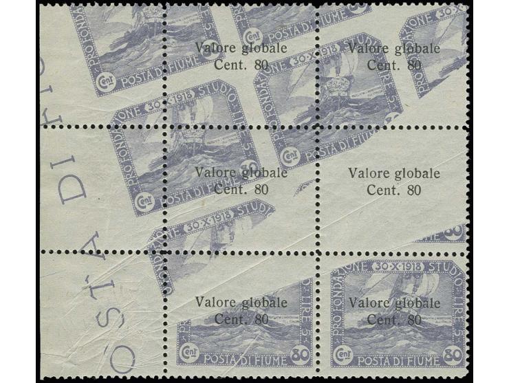80 c. on 80 c., drastically misperforated block of 6 due to a printing fold, from the left sheet corner, three stamps with sh