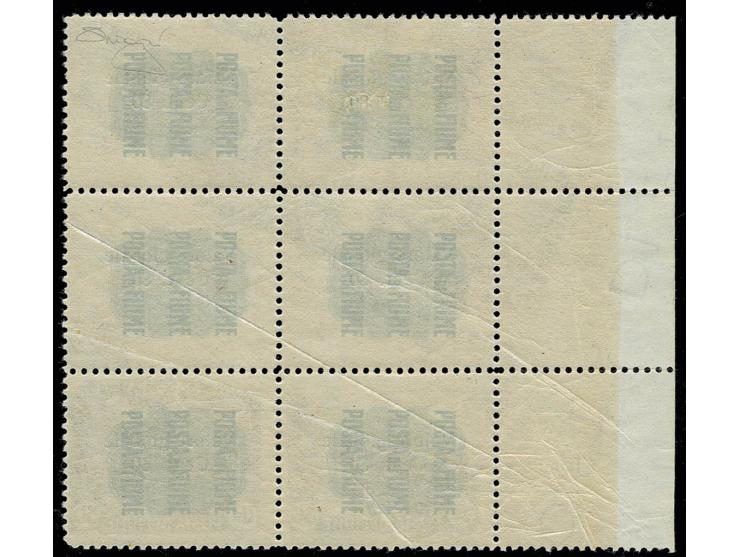80 c. on 80 c., drastically misperforated block of 6 due to a printing fold, from the left sheet corner, three stamps with sh