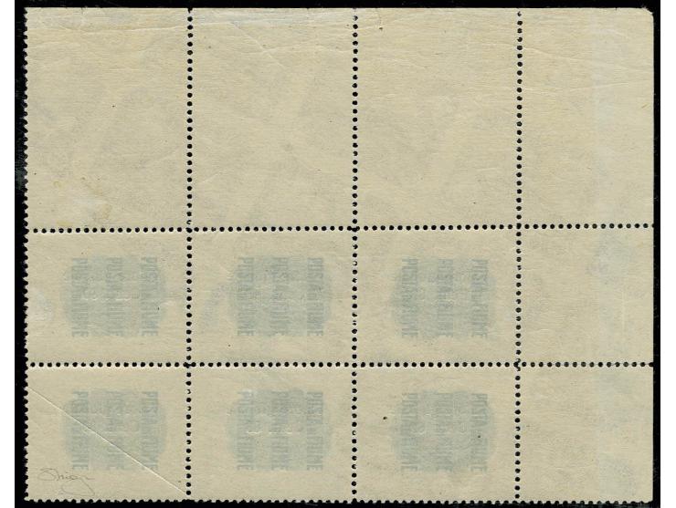 80 c. on 80 c., drastically misperforated block of 6 due to a printing fold, from the upper left sheet corner, one stamp with