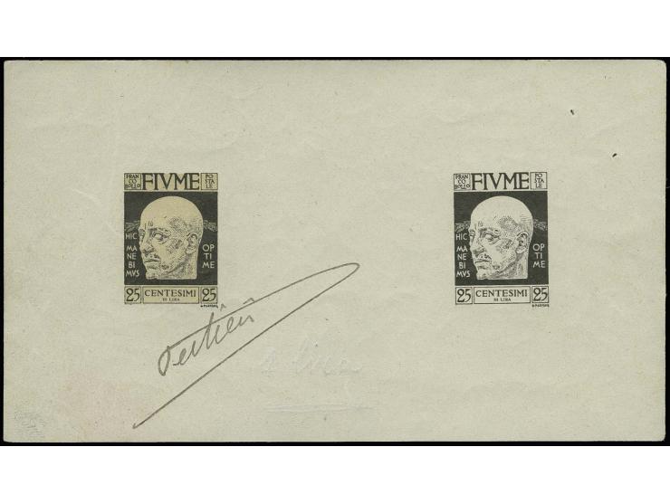 d'Annunzio 25 c., 12 different proofs on gummed paper (160x90mm) showing two stamps, the left stamp with cream coloured backg