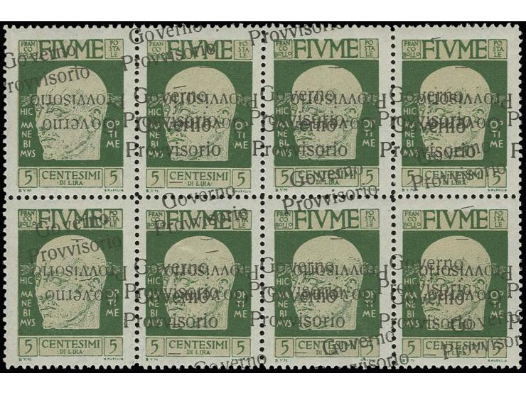1921, d'Annunzio 5 c. as block of eight with quadruple overprint, one inverted, very fine and attractive, signed Raybaudi wit