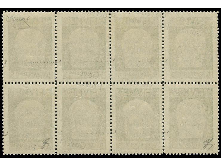 1921, d'Annunzio 5 c. as block of eight with quadruple overprint, one inverted, very fine and attractive, signed Raybaudi wit