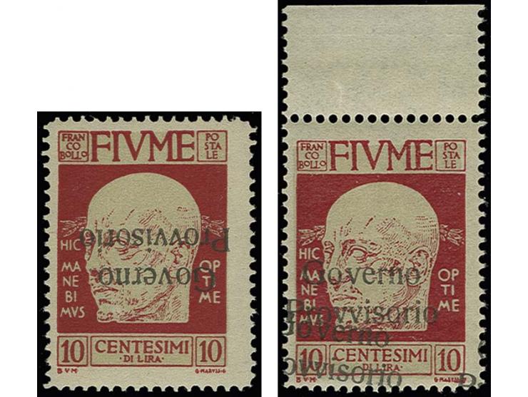 10 c. with inverted overprint, and with double overprint, the latter one with upper sheet margin, mint never hinged, very fin
