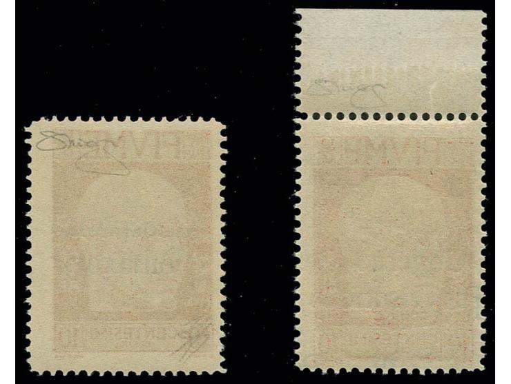 10 c. with inverted overprint, and with double overprint, the latter one with upper sheet margin, mint never hinged, very fin