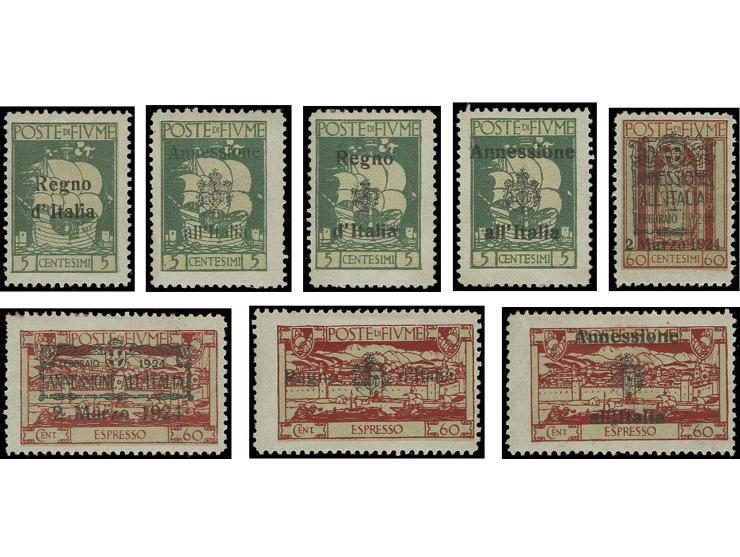 1924, Integration of Fiume, 8 different overprint proofs on 5 c. green, 60 c. red and express stamps 60 c., mostly unused, ve