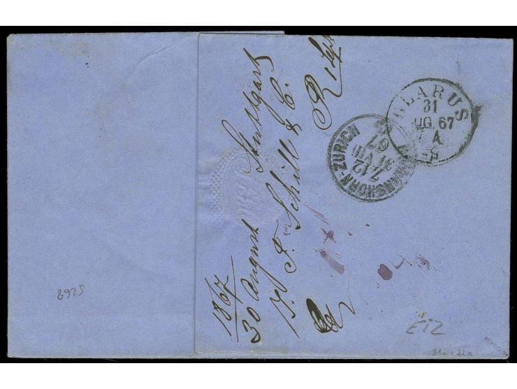 1865, 3 Kreuzer rosa und 6 Kreuzer blau mit EKr. "STUTTGART 30/8" (1867) auf komplettem Brief nach Glarus, Kabinett, sign. He
