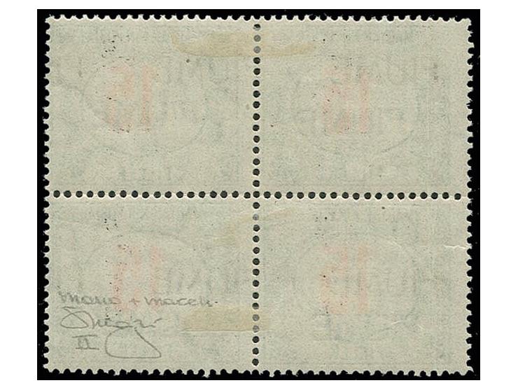 15 f. with double overprint, one machine overprint, one handstamped with type II, unused, very fine, signed Raybaudi with cer
