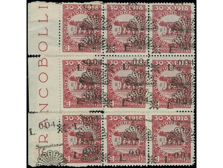 1921, overprint issue 0.04 l. on 10 c., block of nine with left sheet margin, the upper two rows and the lower left stamp wit