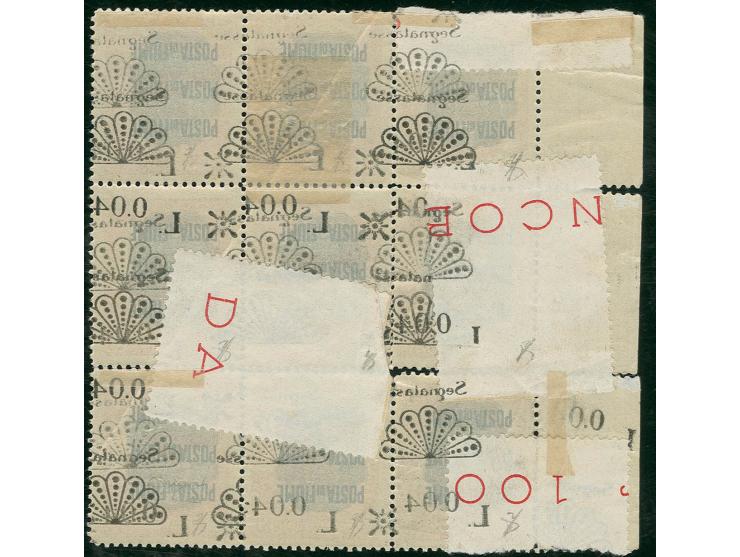 1921, overprint issue 0.04 l. on 10 c., block of nine with left sheet margin, the upper two rows and the lower left stamp wit