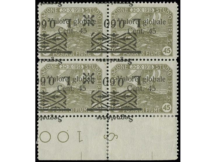 0.60 on 45 c., block of four from the lower sheet margin, with shifted and inverted overprint, upper stamps mint never hinged