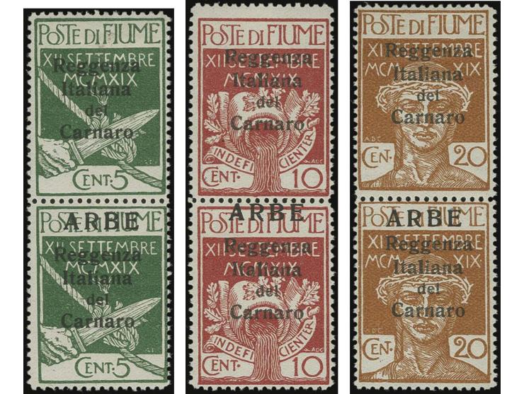 5-20 c., each as horizontal pair, the upper stamp, coming from the first row in the sheet, without overprint "ARBE", the lowe