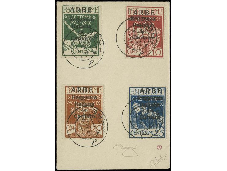 5-25 c. with large overprint, tied by cds. "ARBE 28.XII.20" to piece, fine, signed Raybaudi with certificate (Sassone Nr. 1-4
