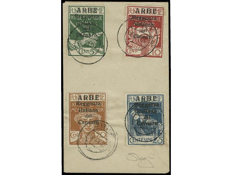 5-25 c. with large overprint, tied by cds. "ARBE 28.XII.20" to piece, fine, signed Raybaudi with certificate (Sassone Nr. 1-4