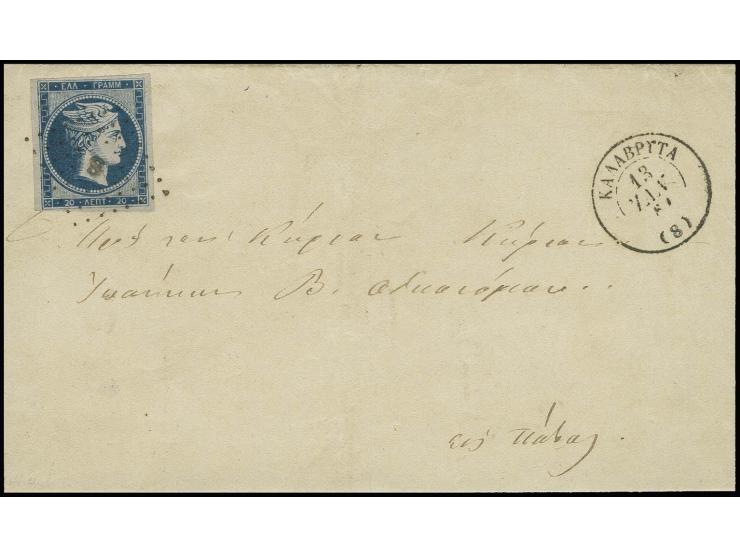 20 l. deep-blue, good to mostly large margins, tied by "8" to letter sheet from Kalavryta to Patras, very fine and attractive