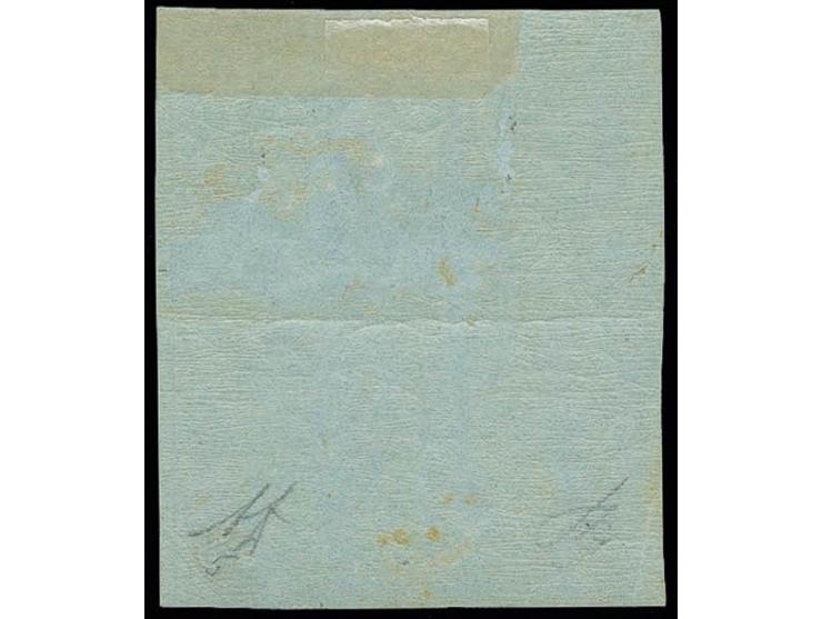 40 l. lilac on blue in block of four, nice colour and large margins, slight pre-fold between the vertical pairs, one tiny thi