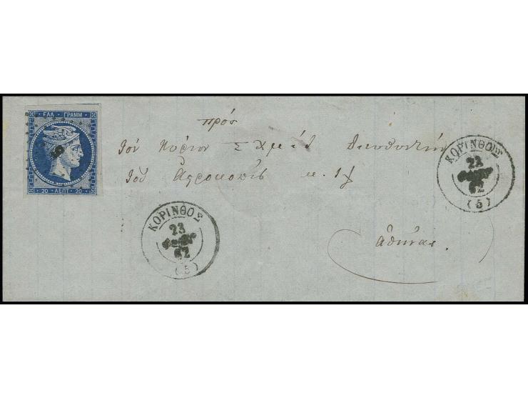 20 l. deep-blue with large margins, used on small folded cover from Korinthos 1862 to Athens, very fine (Hellas 13Id)