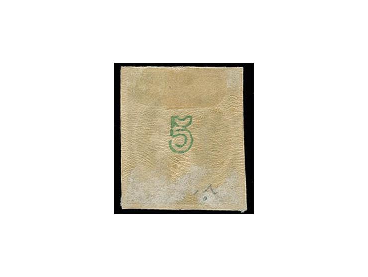 1875/80, printed on creme paper: 5 l. deep-green, fresh colour and large margins, unused with large part o.g. and some paper 