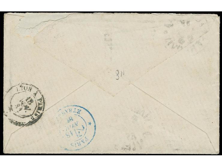 40 c. carmine in horizontal pair in combination with 1879, Umberto 5 c. green and 20 c. orange, used on small envelope from "