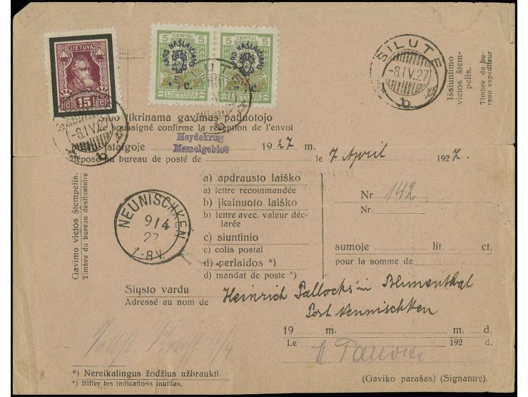 1926, war orphans + 2 c. green as horizontal pair and 1927, Basanavicius 15 c. tied by cds. "SILUTE -8.IV.27" to "Avis de rec