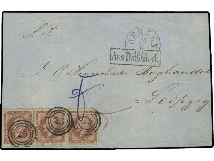 1856/57, Oskar 8 sk. carmine, horizontal strip of three tied by numeral "25" to uncomplete lettersheet from "BERGEN 30/6 1858