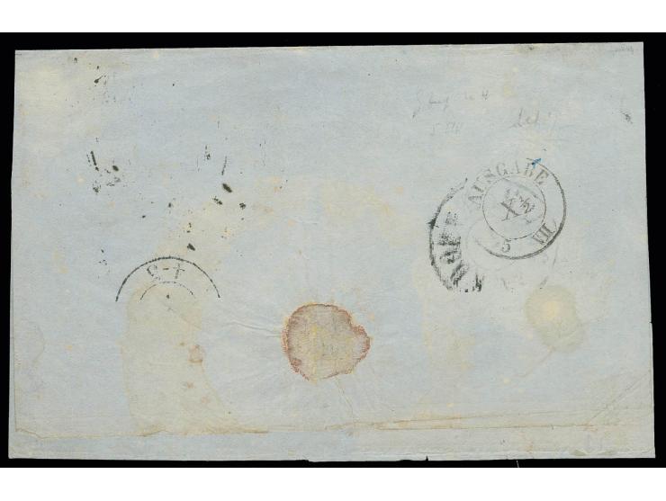 1856/57, Oskar 8 sk. carmine, horizontal strip of three tied by numeral "25" to uncomplete lettersheet from "BERGEN 30/6 1858