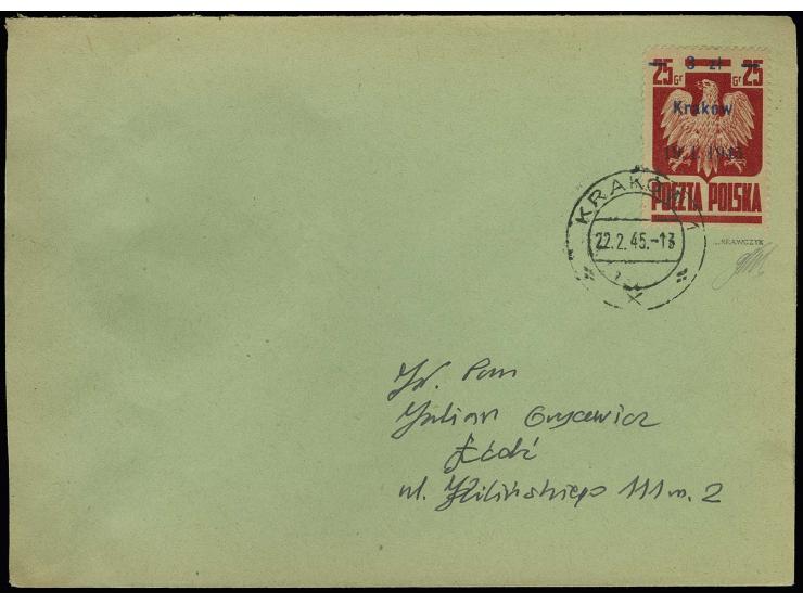 1945, Liberated Cities 3 zl. Krakow with cds. "KRAKOW 1 22.2.45" on cover to Lodz with censor mark on reverse, signed Krawczy