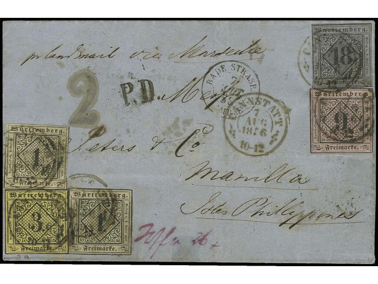 PHILIPPINEN: 1851, 18 Kreuzer auf violettgrau, Type II, zusammen mit 9 Kreuzer auf lebhaftrosa, 3 Kreuzer auf gelb und 2 Einz
