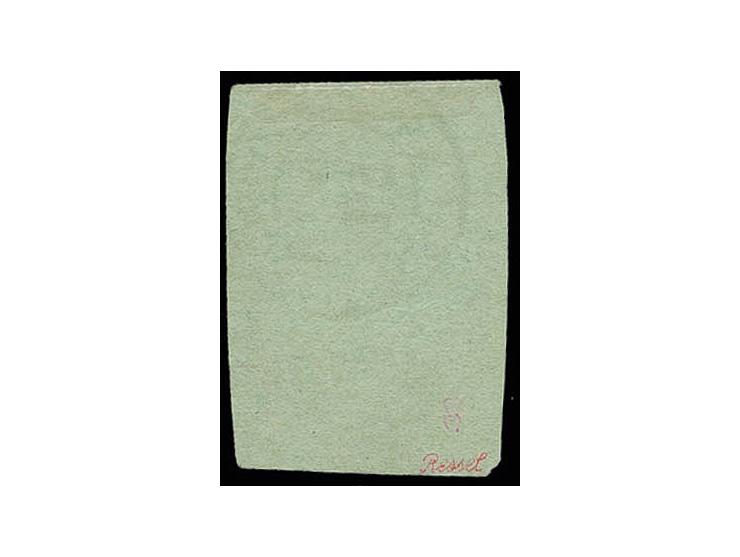 1858, Bull's head 54 par. green on greenish with enormous  margins all around, most likely from the upper sheet margin, cance