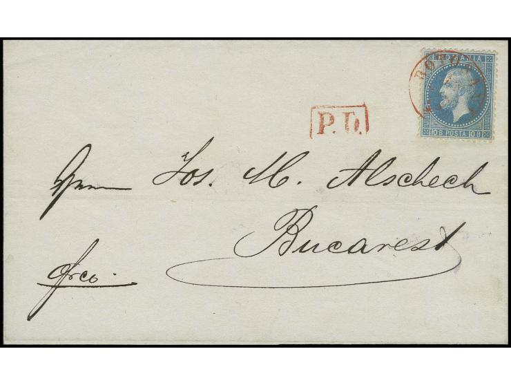 1872, Paris printing 10 b. blue, tied by red cds.of Botosani with adjacent boxed red "P.D." to lettersheet to Bucarest, fine 