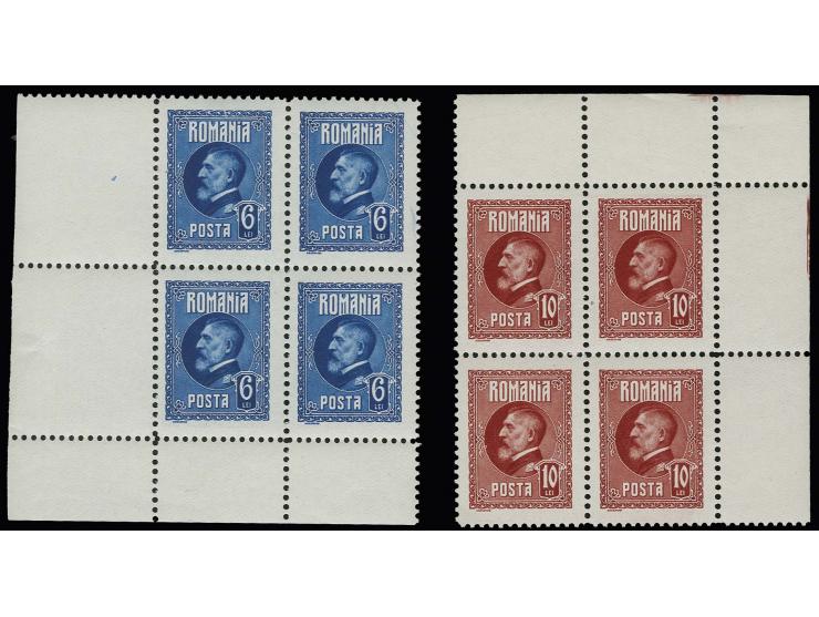 1926, 60th Birthday of Ferdinand I., 6 and 10 l., each as block of four fromt the lower left resp. upper right sheet corner, 