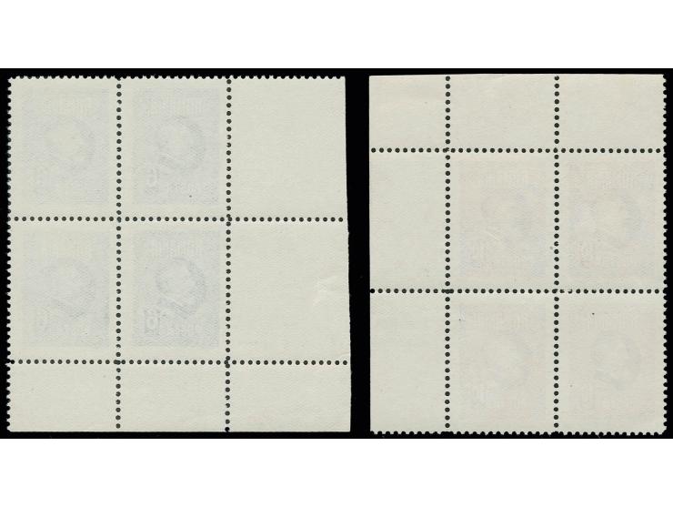 1926, 60th Birthday of Ferdinand I., 6 and 10 l., each as block of four fromt the lower left resp. upper right sheet corner, 