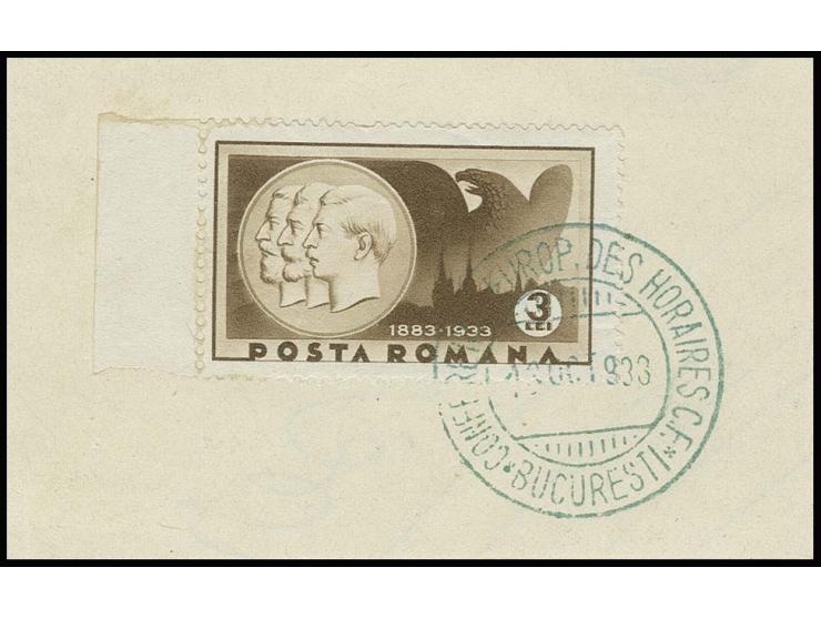 1933, 3 l. castle Peles with green special cancel "BUCURESTI CONFERENCE EUROP. DES HORAIRES C.F. 12.OCT." on piece, fine, sca