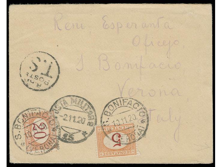 1920, "REFUGEE ORGANIZATION RUSSIAN POST"  as round violet seal on reverse of cover to Verona with Italy 5 and 20 c. postage 