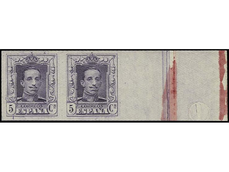 1922, Alfons XIII, 5 c. lilac imperforated colourproof in horizontal pair with large right sheet margin, unmounted mint