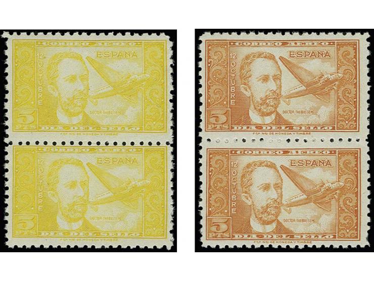1944, Dr. Thebussem 5 pta. in unissued colours yellow and orange, perforated, in vertical pairs, unhinged mint (Edifil 983cc)