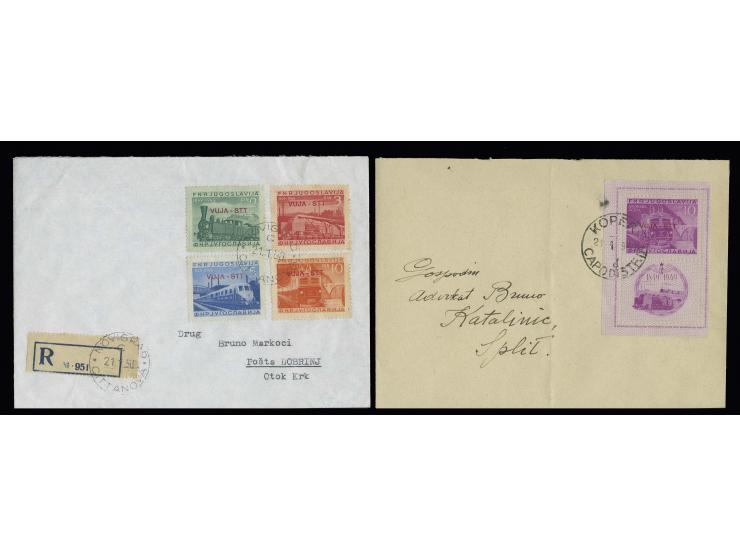 1951, 100 years railway 2-10 din. complete set on registered FDC with arrival mark and perforated souvenir sheet on FDC (vert
