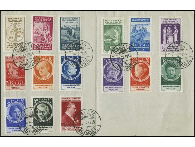 1935, Women Congres 20 pa.-100 k., complete set stuck on paper, cancelled "GALATA 16-12.1935" (Mi. 750,-)